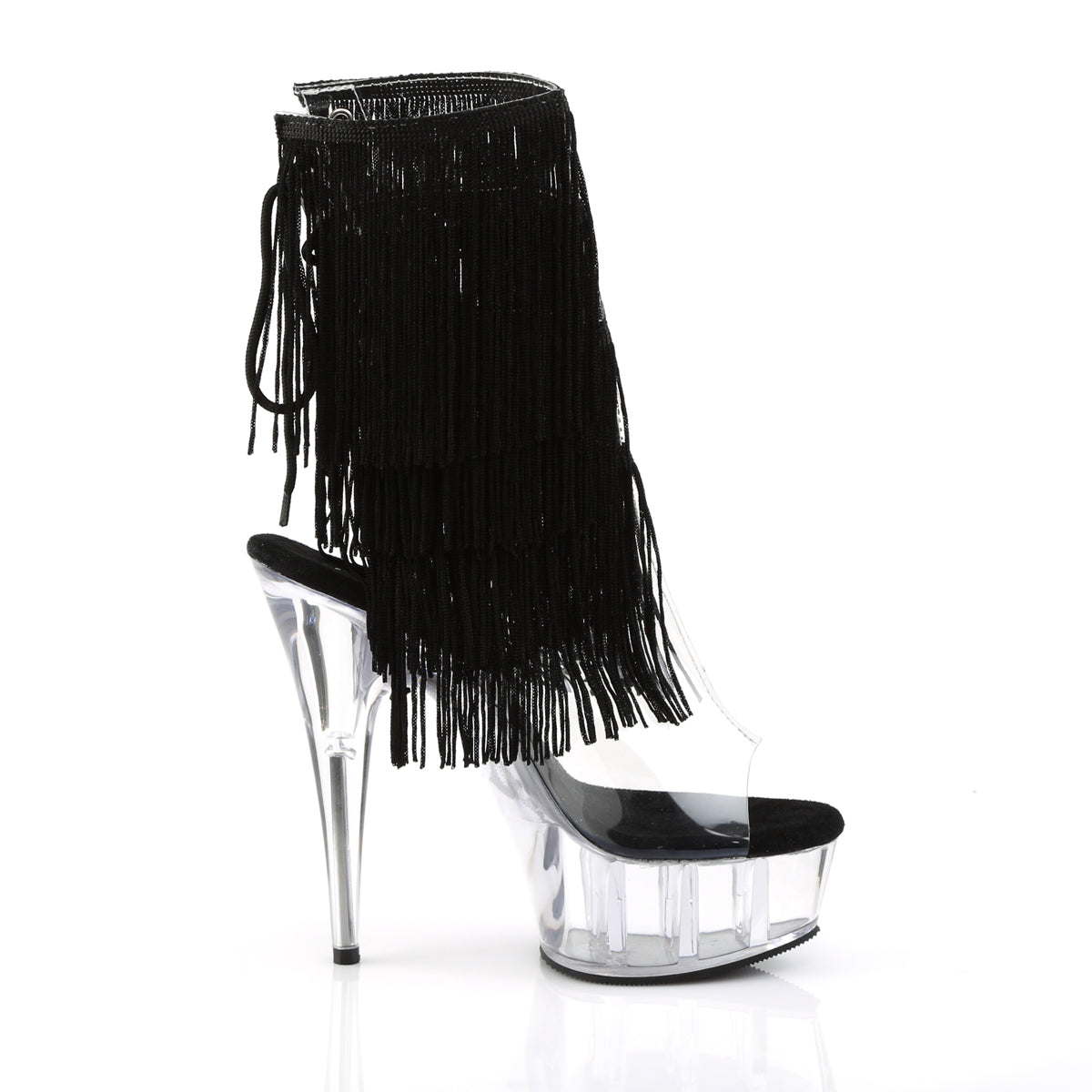 *6" Heel, 1 3/4" PF Open Toe/Heel Threaded Fringe Ankle Boot (Pleaser DEL1017TF/C-B/C)