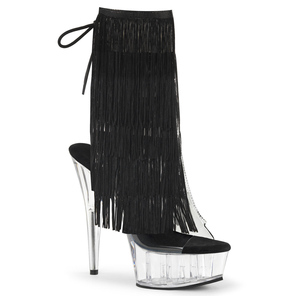 *6" Heel, 1 3/4" PF Open Toe/Heel Threaded Fringe Ankle Boot (Pleaser DEL1017TF/C-B/C)
