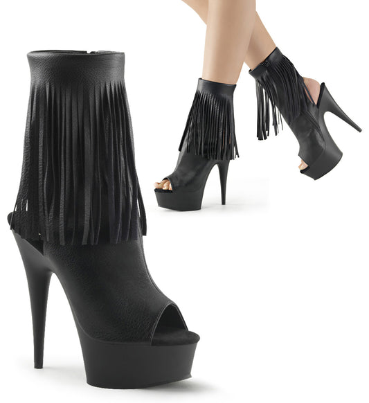 *6" Heel, 1 3/4" PF Open Toe/Heel Fringe Bootie, Side Zip (Pleaser DEL1019/BPU/M)