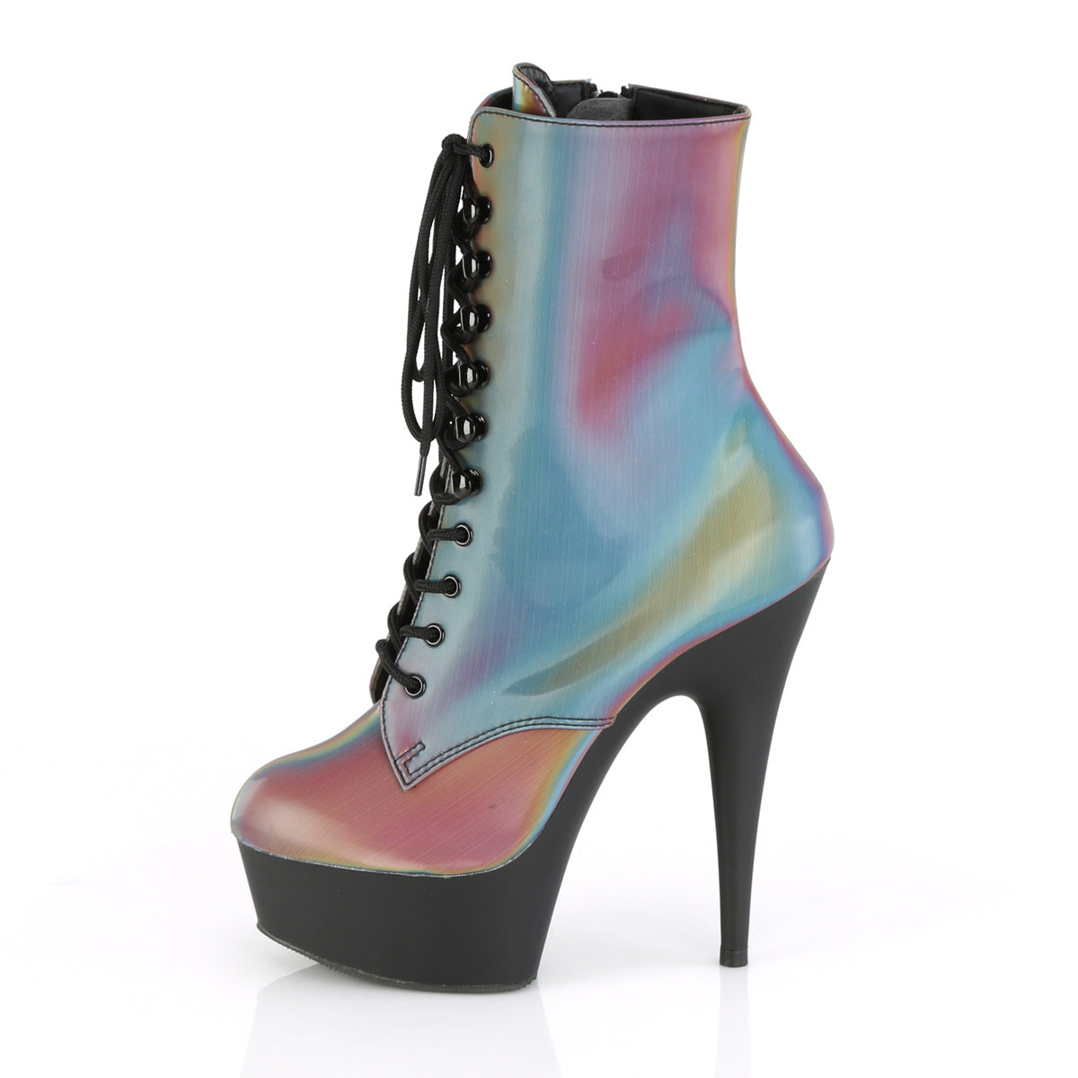 *6" Heel, 1 3/4" PF Lace-Up Front Ankle Boot, Side Zip (Pleaser DEL1020REFL/RBOW/B)