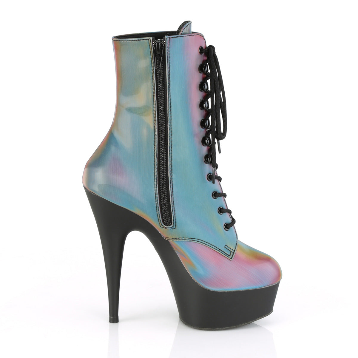 *6" Heel, 1 3/4" PF Lace-Up Front Ankle Boot, Side Zip (Pleaser DEL1020REFL/RBOW/B)