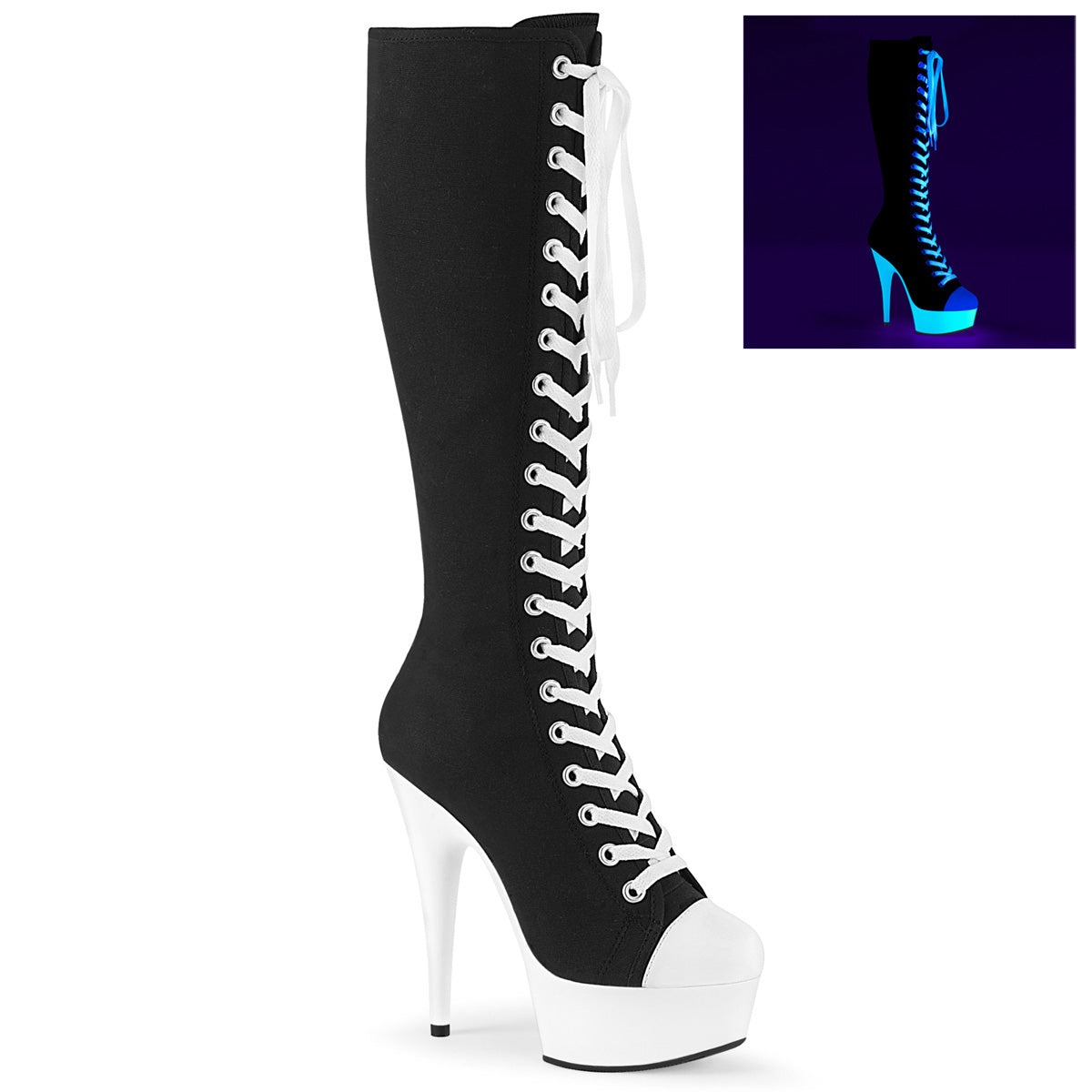 **6" Heel, 1 3/4" PF Lace-Up Knee High Sneaker Boot,Back Zip (Pleaser DEL2000SK-02/BCA/NW)