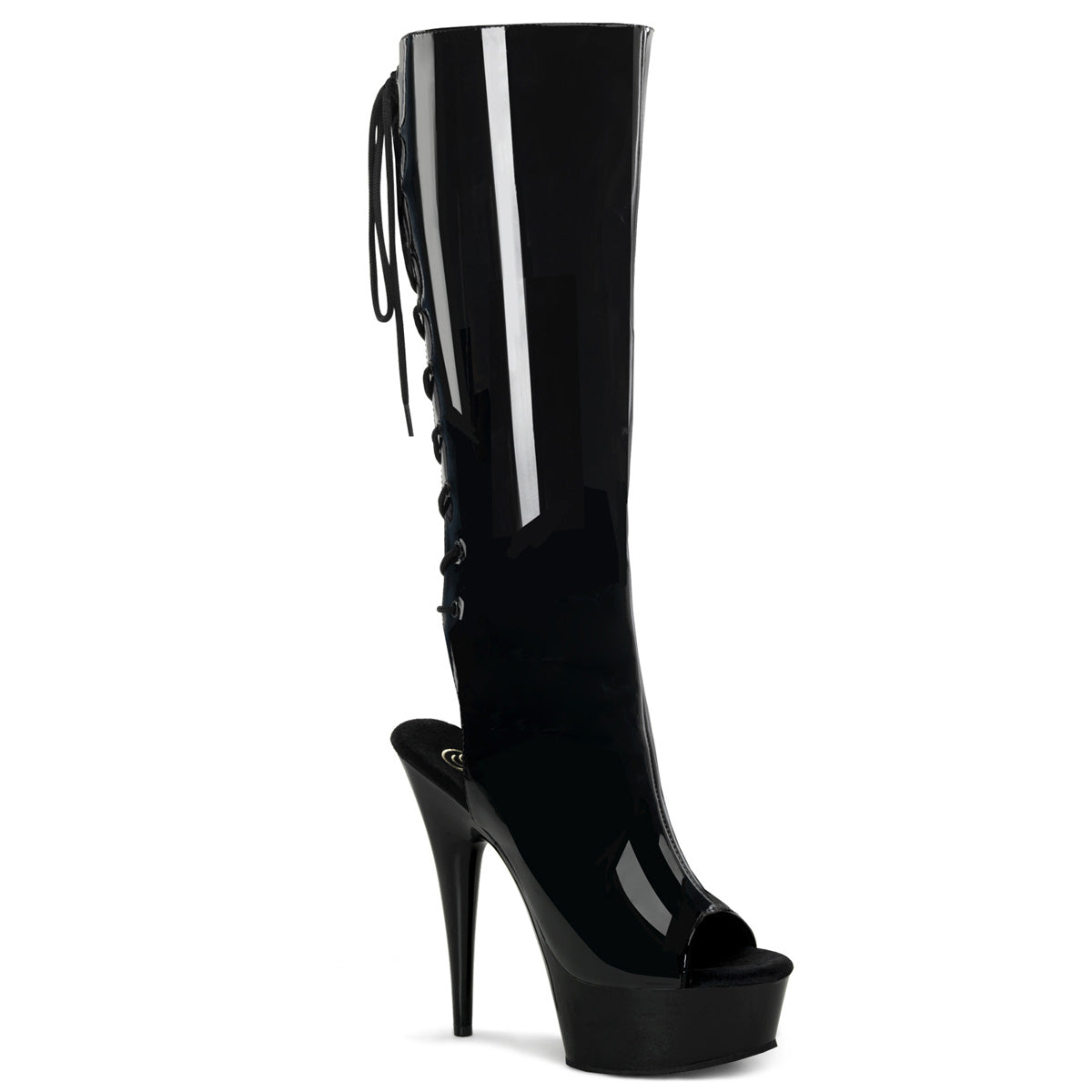 6" Heel, 1 3/4" PF Open Toe/Heel Knee Boot (Pleaser DEL2018/B/M)
