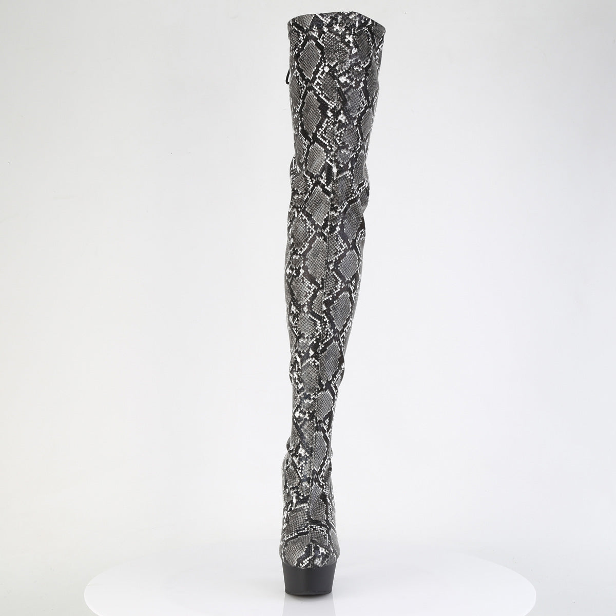 *6" Heel, 1 3/4" PF Stretch Snake Print Pull-On Thigh Boot (Pleaser DEL3008SP-BT/GY-B/B)