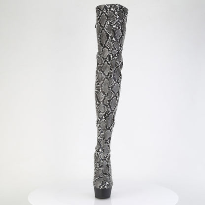 *6" Heel, 1 3/4" PF Stretch Snake Print Pull-On Thigh Boot (Pleaser DEL3008SP-BT/GY-B/B)