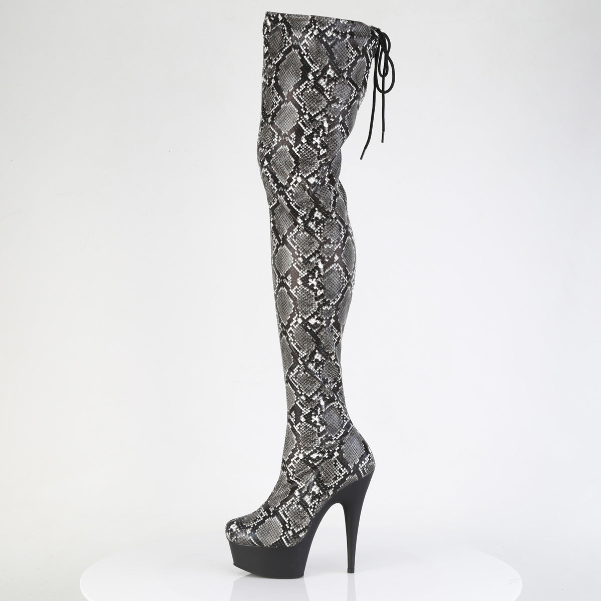 *6" Heel, 1 3/4" PF Stretch Snake Print Pull-On Thigh Boot (Pleaser DEL3008SP-BT/GY-B/B)