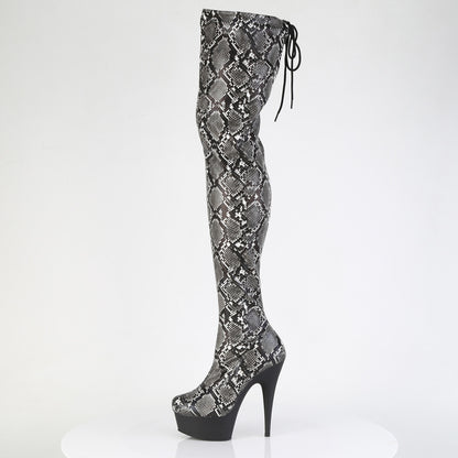 *6" Heel, 1 3/4" PF Stretch Snake Print Pull-On Thigh Boot (Pleaser DEL3008SP-BT/GY-B/B)