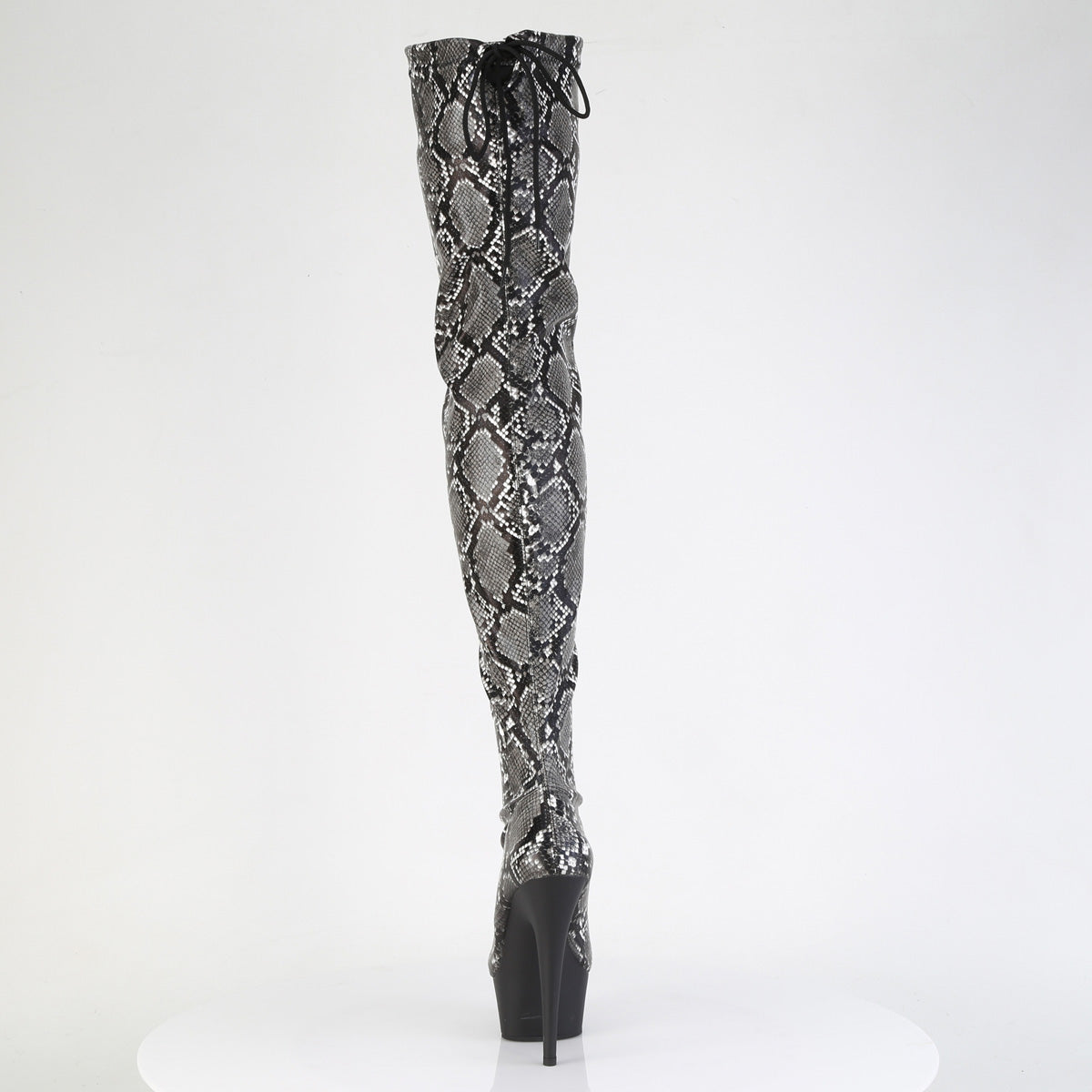 *6" Heel, 1 3/4" PF Stretch Snake Print Pull-On Thigh Boot (Pleaser DEL3008SP-BT/GY-B/B)