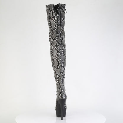 *6" Heel, 1 3/4" PF Stretch Snake Print Pull-On Thigh Boot (Pleaser DEL3008SP-BT/GY-B/B)