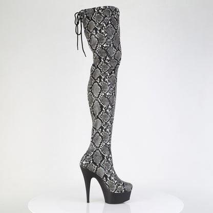 *6" Heel, 1 3/4" PF Stretch Snake Print Pull-On Thigh Boot (Pleaser DEL3008SP-BT/GY-B/B)