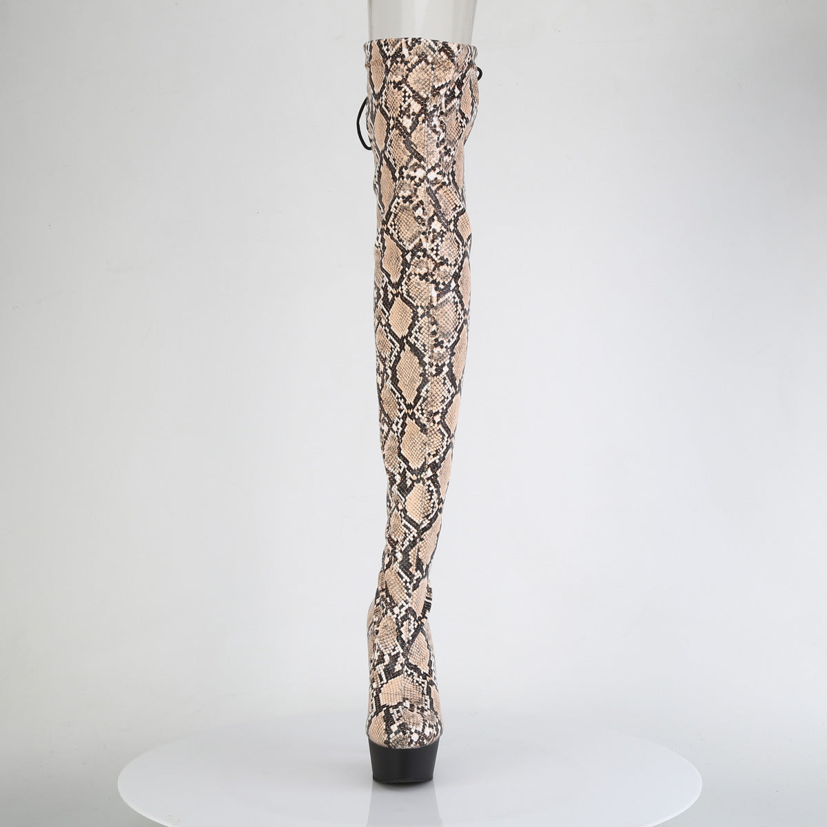 *6" Heel, 1 3/4" PF Stretch Snake Print Pull-On Thigh Boot (Pleaser DEL3008SP-BT/GY-B/B)
