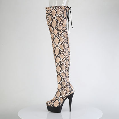 *6" Heel, 1 3/4" PF Stretch Snake Print Pull-On Thigh Boot (Pleaser DEL3008SP-BT/GY-B/B)