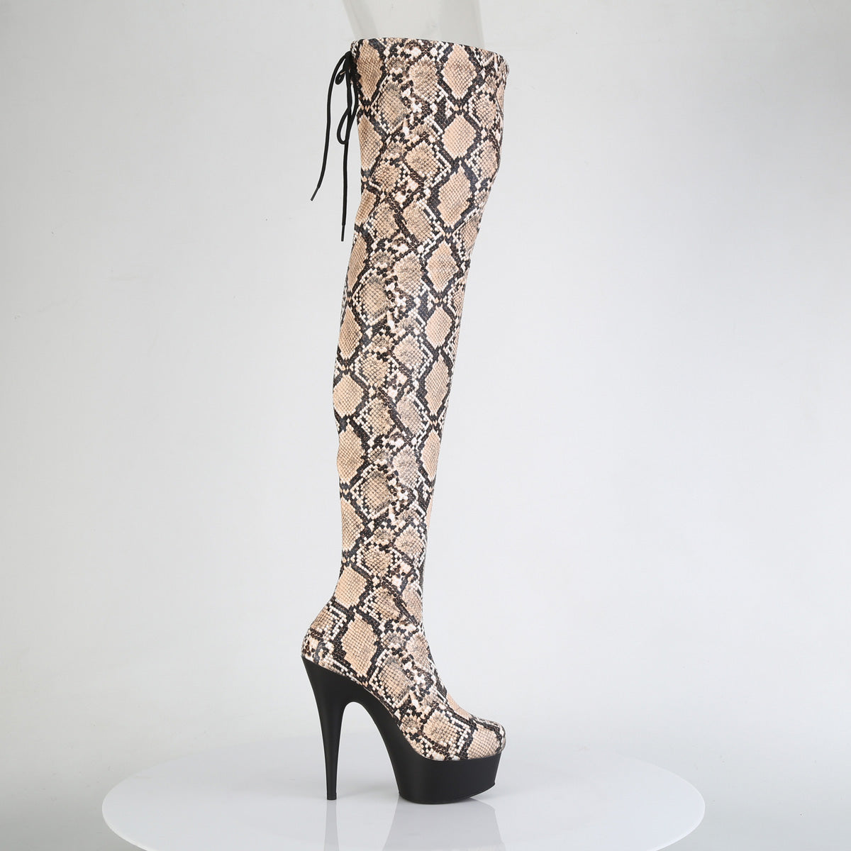 *6" Heel, 1 3/4" PF Stretch Snake Print Pull-On Thigh Boot (Pleaser DEL3008SP-BT/GY-B/B)