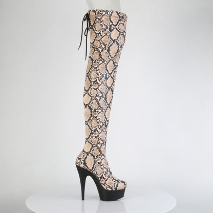 *6" Heel, 1 3/4" PF Stretch Snake Print Pull-On Thigh Boot (Pleaser DEL3008SP-BT/GY-B/B)