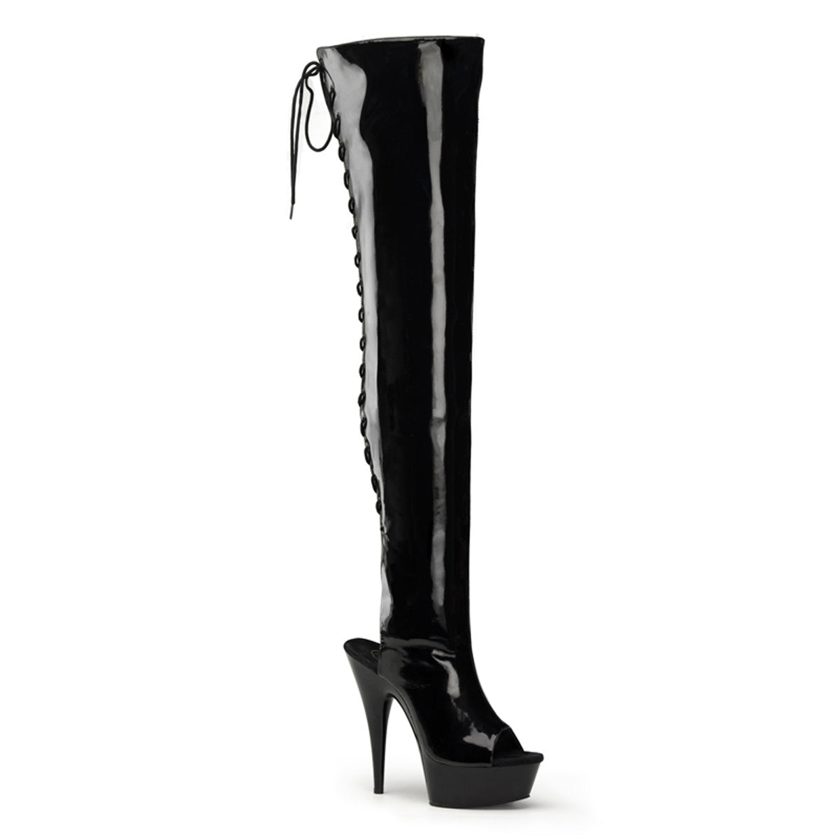 6" Heel,1 3/4" PF Open Heel/Toe Lace Up Back Thigh High Boot (Pleaser DEL3017/B/M)