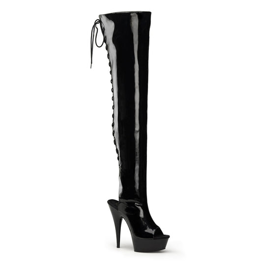 6" Heel,1 3/4" PF Open Heel/Toe Lace Up Back Thigh High Boot (Pleaser DEL3017/B/M)