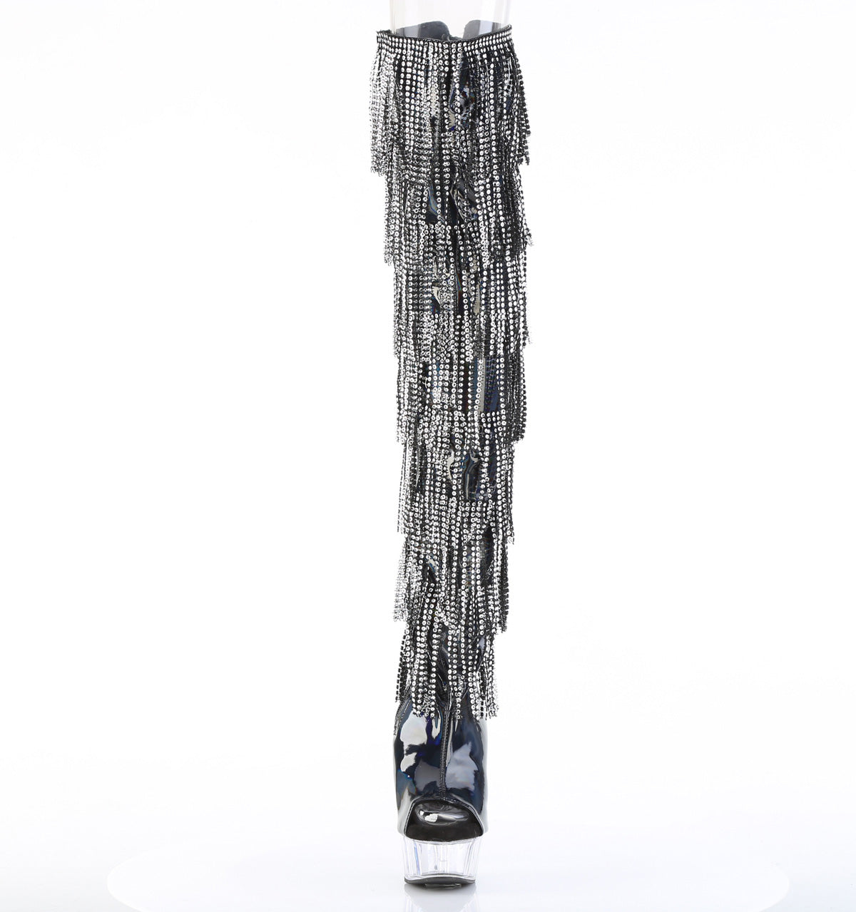 6" Heel, 1 3/4" PF 7-Layer Fringe Lace-Up Back Thigh Boot (Pleaser DEL3017HG-RSF/BHG/C)