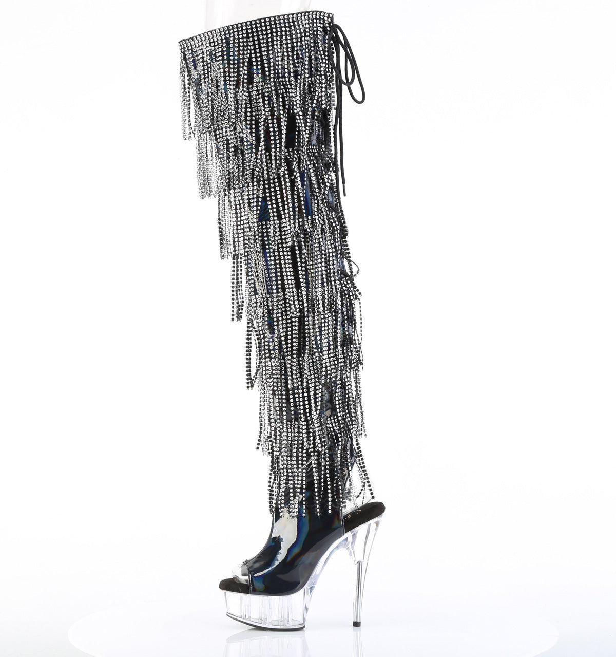 6" Heel, 1 3/4" PF 7-Layer Fringe Lace-Up Back Thigh Boot (Pleaser DEL3017HG-RSF/BHG/C)