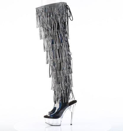 6" Heel, 1 3/4" PF 7-Layer Fringe Lace-Up Back Thigh Boot (Pleaser DEL3017HG-RSF/BHG/C)