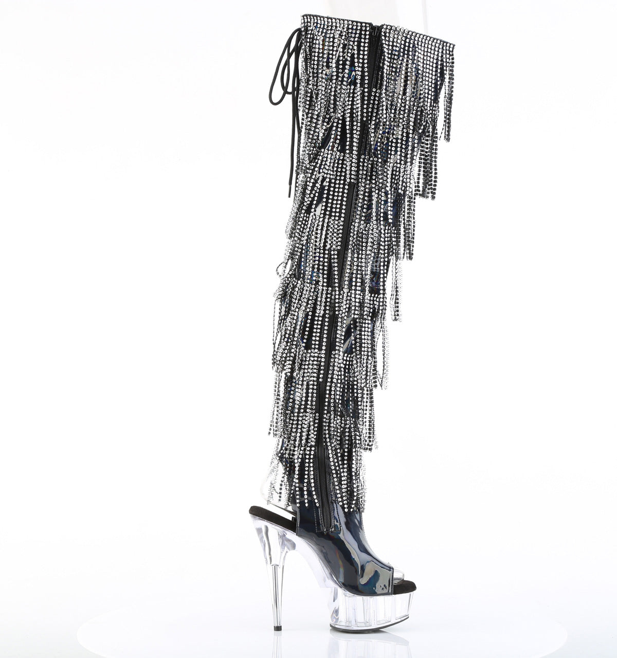 6" Heel, 1 3/4" PF 7-Layer Fringe Lace-Up Back Thigh Boot (Pleaser DEL3017HG-RSF/BHG/C)