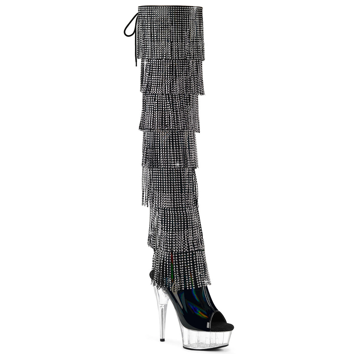 6" Heel, 1 3/4" PF 7-Layer Fringe Lace-Up Back Thigh Boot (Pleaser DEL3017HG-RSF/BHG/C)