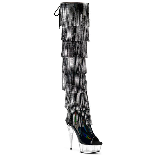 6" Heel, 1 3/4" PF 7-Layer Fringe Lace-Up Back Thigh Boot (Pleaser DEL3017HG-RSF/BHG/C)