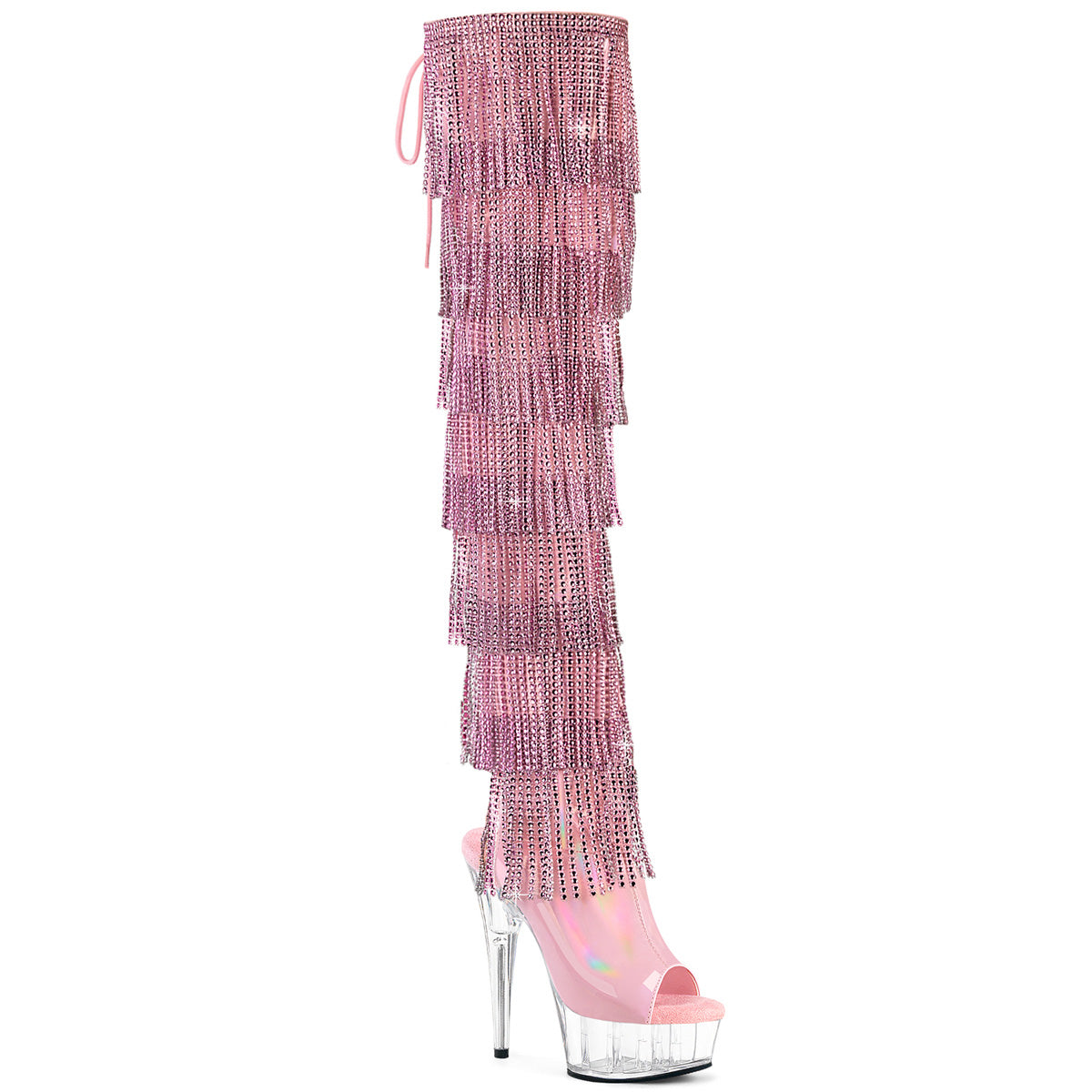 6" Heel, 1 3/4" PF 7-Layer Fringe Lace-Up Back Thigh Boot (Pleaser DEL3017HG-RSF/BHG/C)