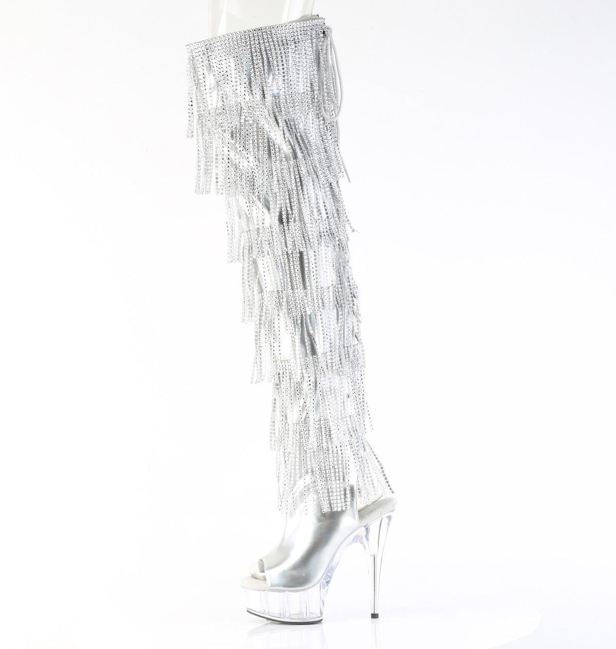 6" Heel, 1 3/4" PF 7-Layer Fringe Lace-Up Back Thigh Boot (Pleaser DEL3017HG-RSF/BHG/C)