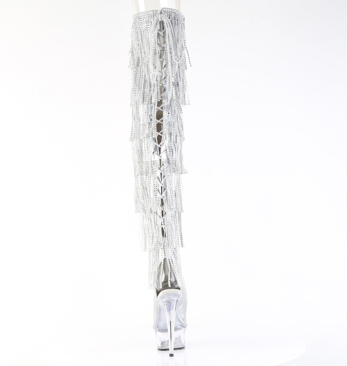 6" Heel, 1 3/4" PF 7-Layer Fringe Lace-Up Back Thigh Boot (Pleaser DEL3017HG-RSF/BHG/C)