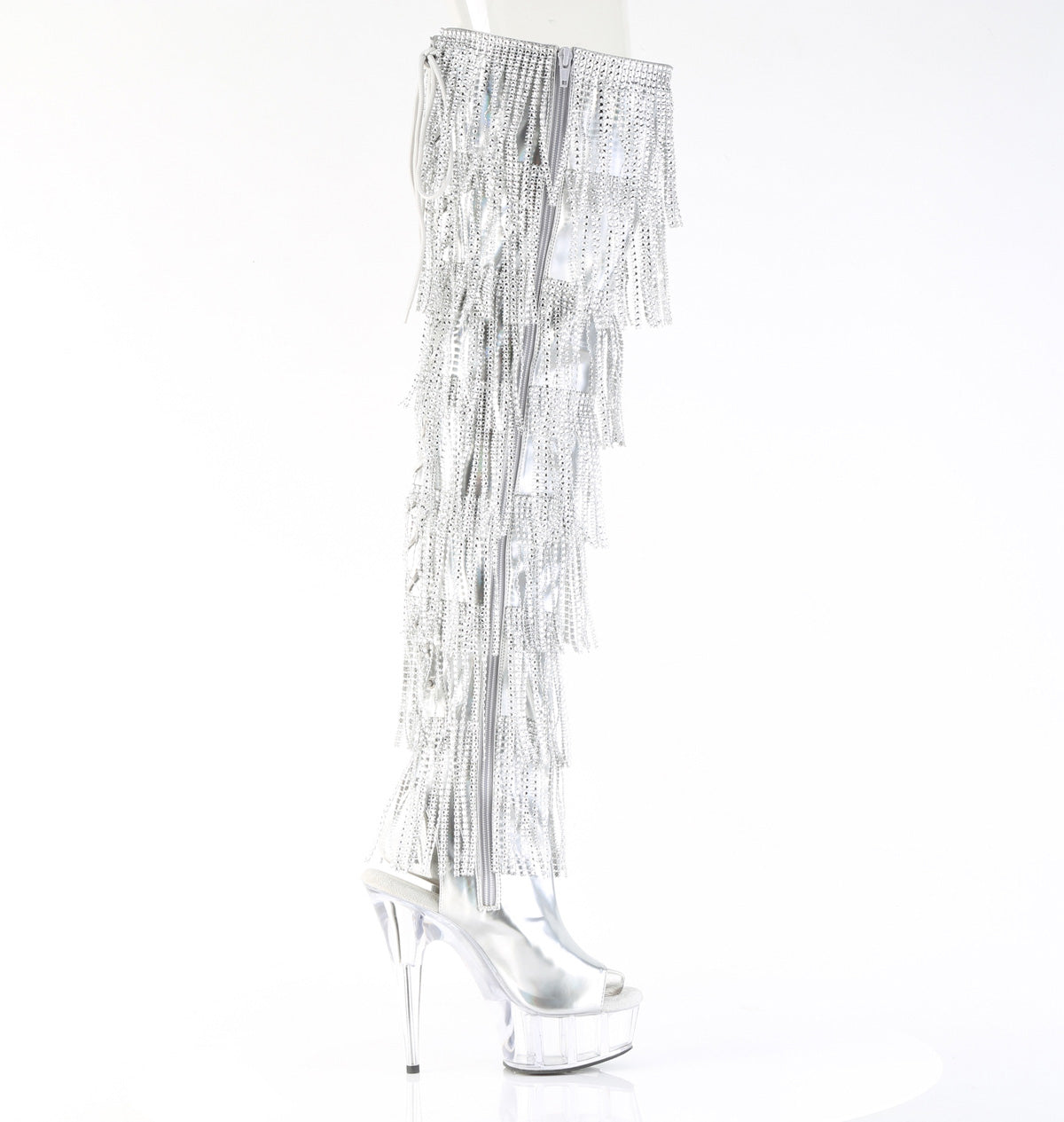 6" Heel, 1 3/4" PF 7-Layer Fringe Lace-Up Back Thigh Boot (Pleaser DEL3017HG-RSF/BHG/C)