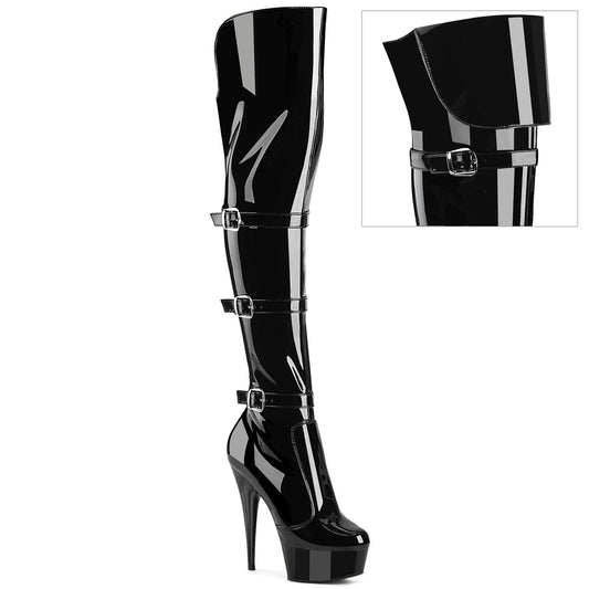 6" Heel, 1 3/4" PF Triple Buckle Strap OTK Boot, Side Zip (Pleaser DEL3018/B/M)