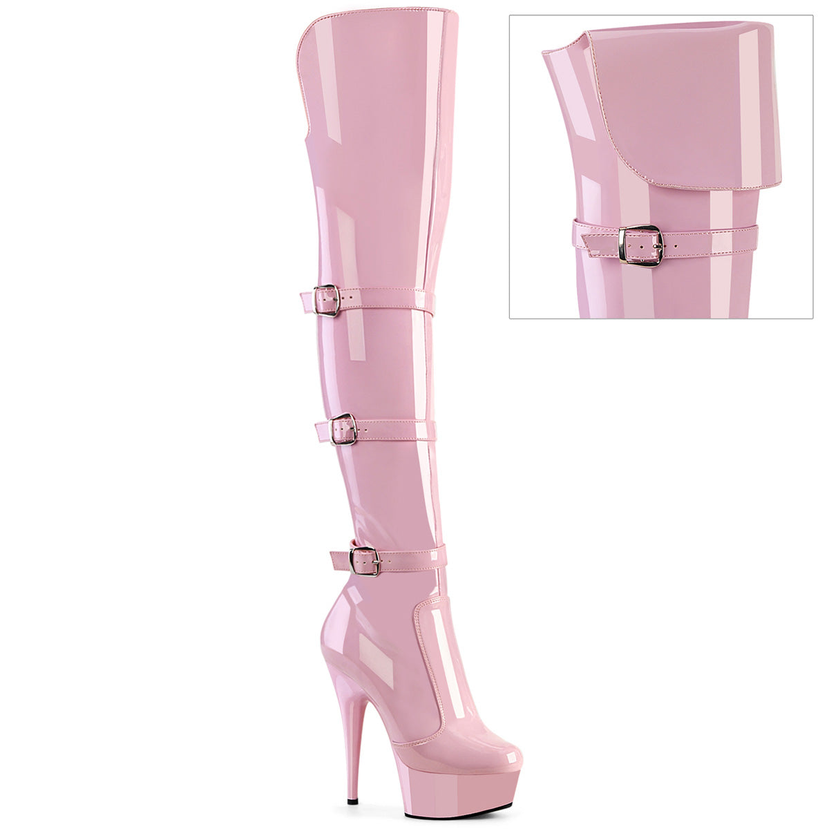 6" Heel, 1 3/4" PF Triple Buckle Strap OTK Boot, Side Zip (Pleaser DEL3018/B/M)