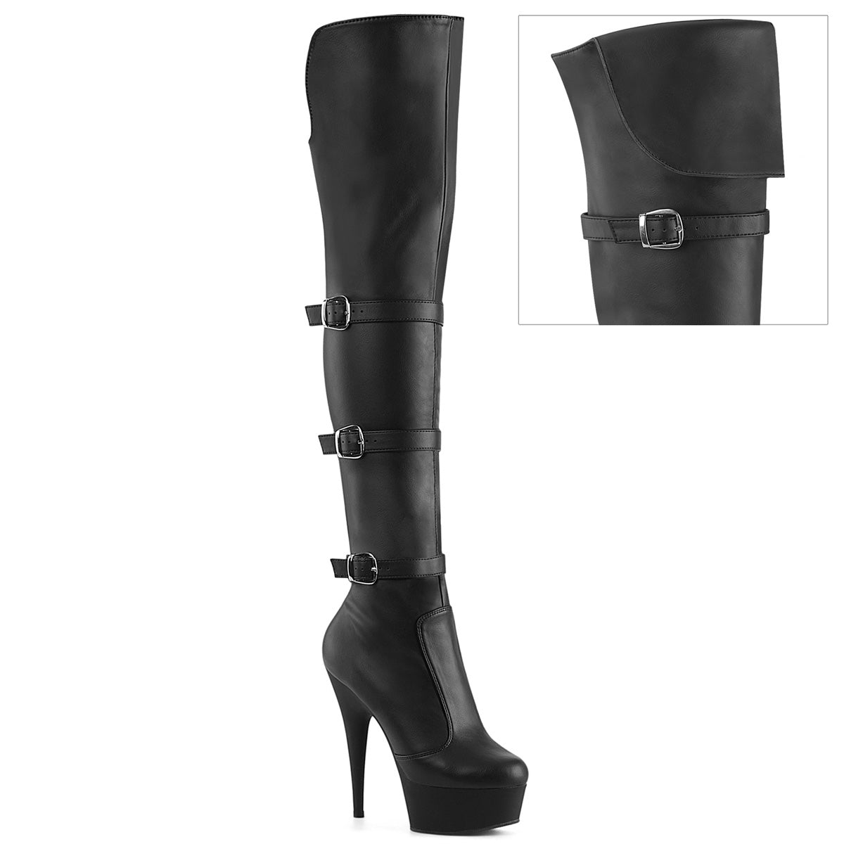 6" Heel, 1 3/4" PF Triple Buckle Strap OTK Boot, Side Zip (Pleaser DEL3018/B/M)