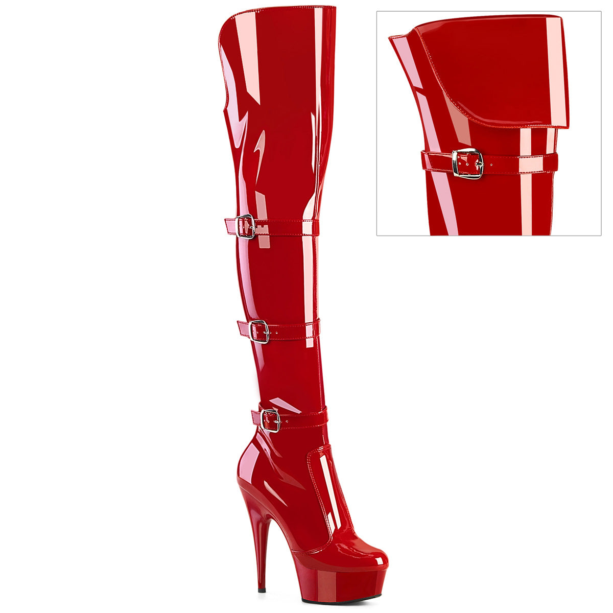 6" Heel, 1 3/4" PF Triple Buckle Strap OTK Boot, Side Zip (Pleaser DEL3018/B/M)
