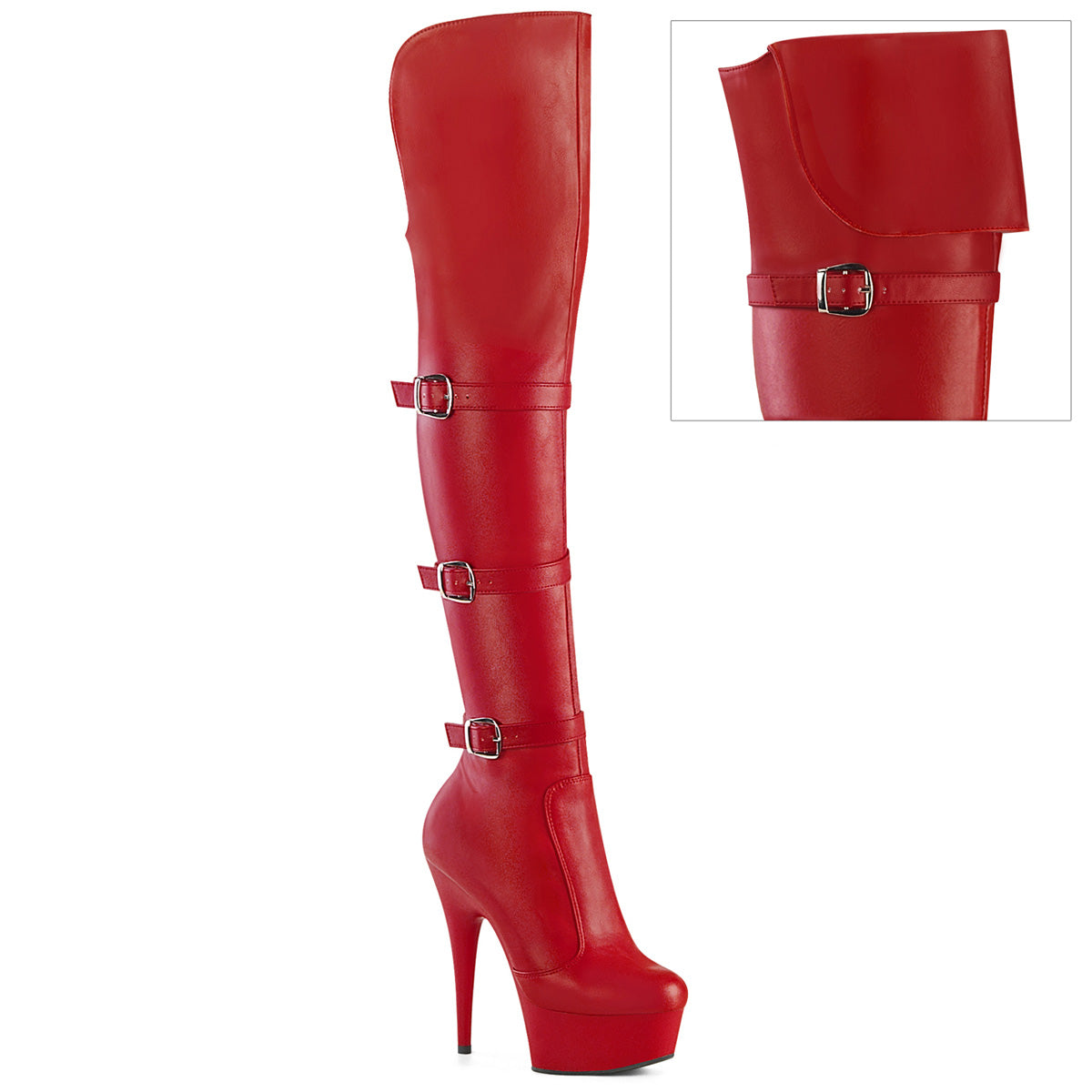 6" Heel, 1 3/4" PF Triple Buckle Strap OTK Boot, Side Zip (Pleaser DEL3018/B/M)