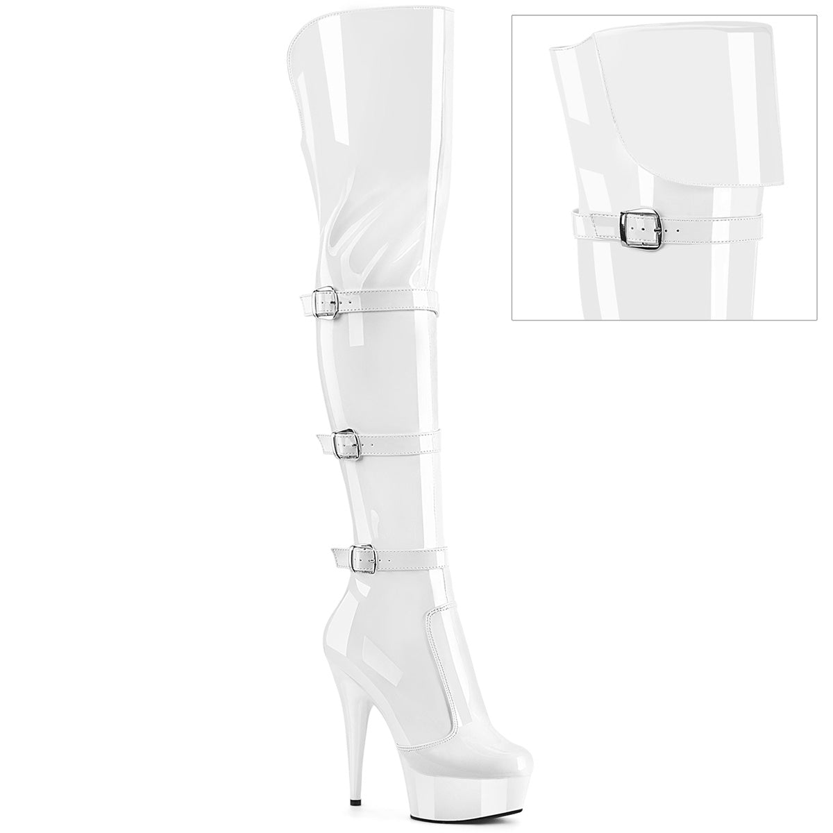 6" Heel, 1 3/4" PF Triple Buckle Strap OTK Boot, Side Zip (Pleaser DEL3018/B/M)