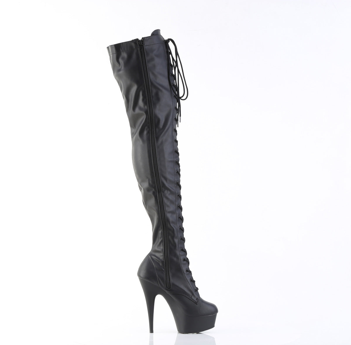 6" Heel, 1 3/4" PF Lace-Up Stretch Thigh Boot, Side Zip (Pleaser DEL3023/B/M)