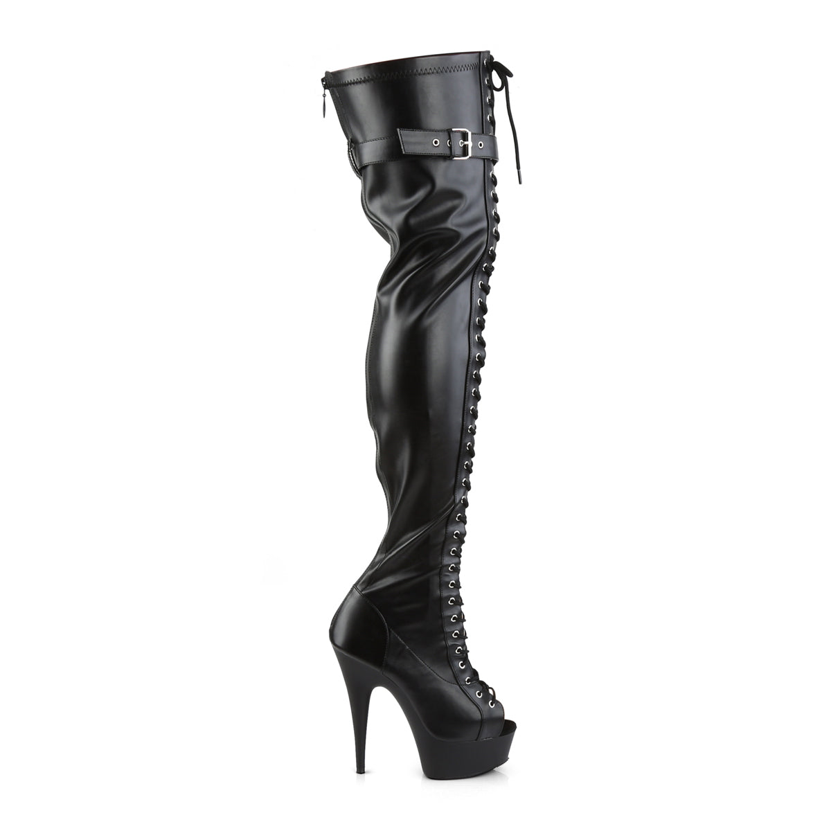 6" Heel, 1 3/4" PF Peep Toe Lace-up Thigh Boot, Back Zip (Pleaser DEL3025/BPU/M)