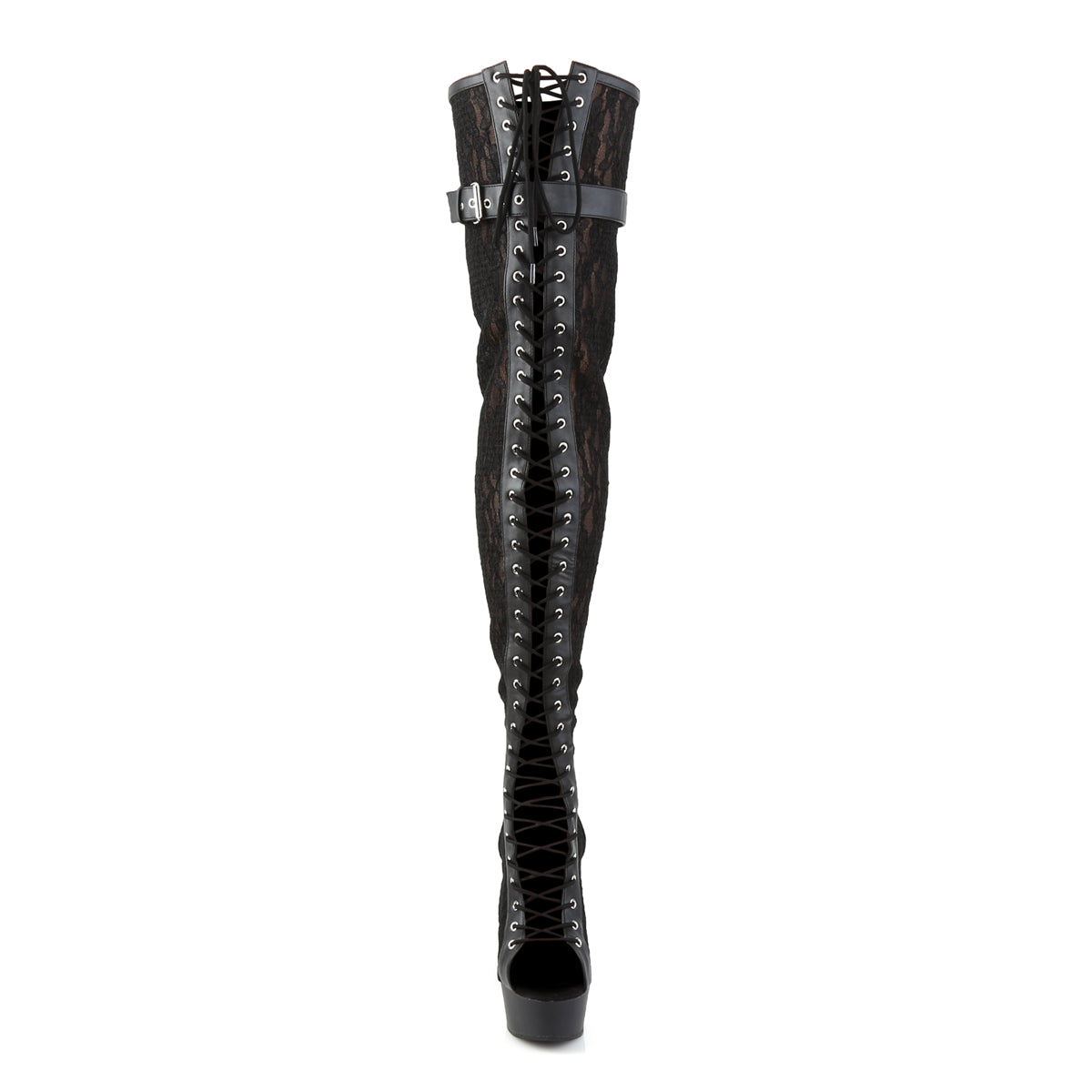 6" Heel, 1 3/4" PF Peep Toe Lace-up Thigh Boot, Back Zip (Pleaser DEL3025ML/BPU/M)