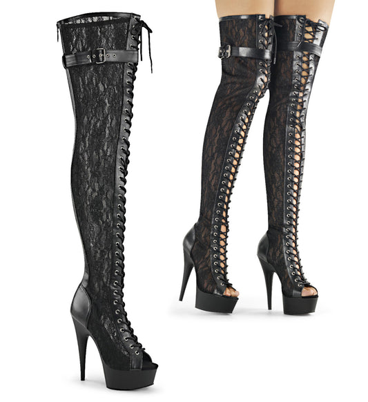 6" Heel, 1 3/4" PF Peep Toe Lace-up Thigh Boot, Back Zip (Pleaser DEL3025ML/BPU/M)
