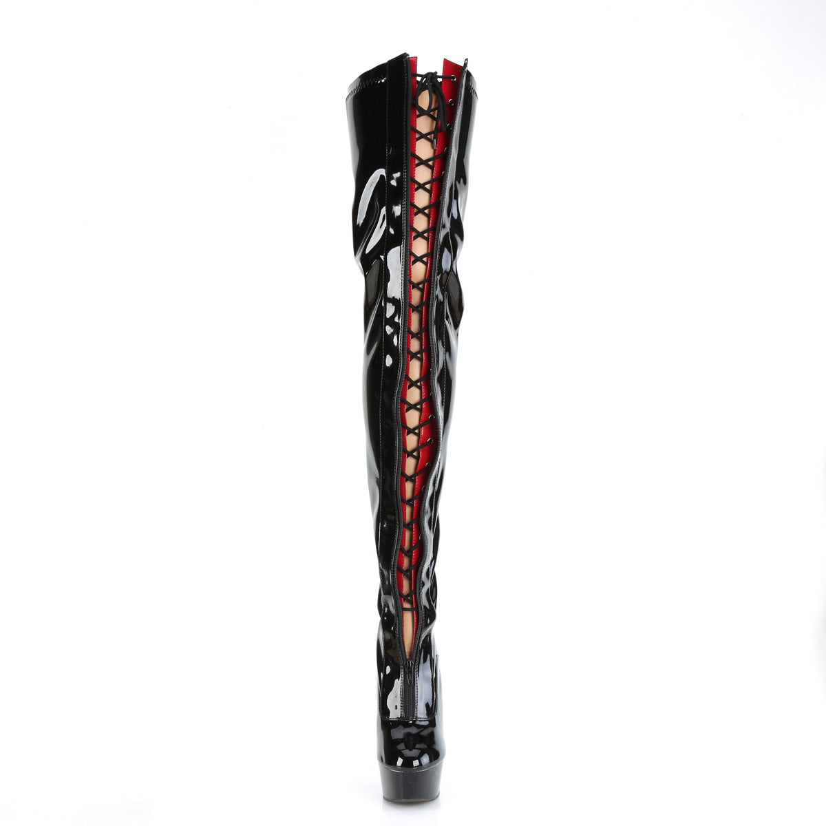 *6" Heel, 1 3/4" PF Two Tone Thigh High Boot, Front Zip (Pleaser DEL3027/B-R/B)