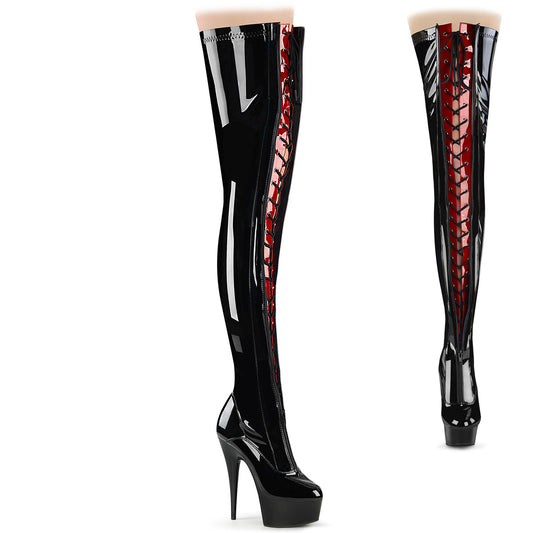 *6" Heel, 1 3/4" PF Two Tone Thigh High Boot, Front Zip (Pleaser DEL3027/B-R/B)