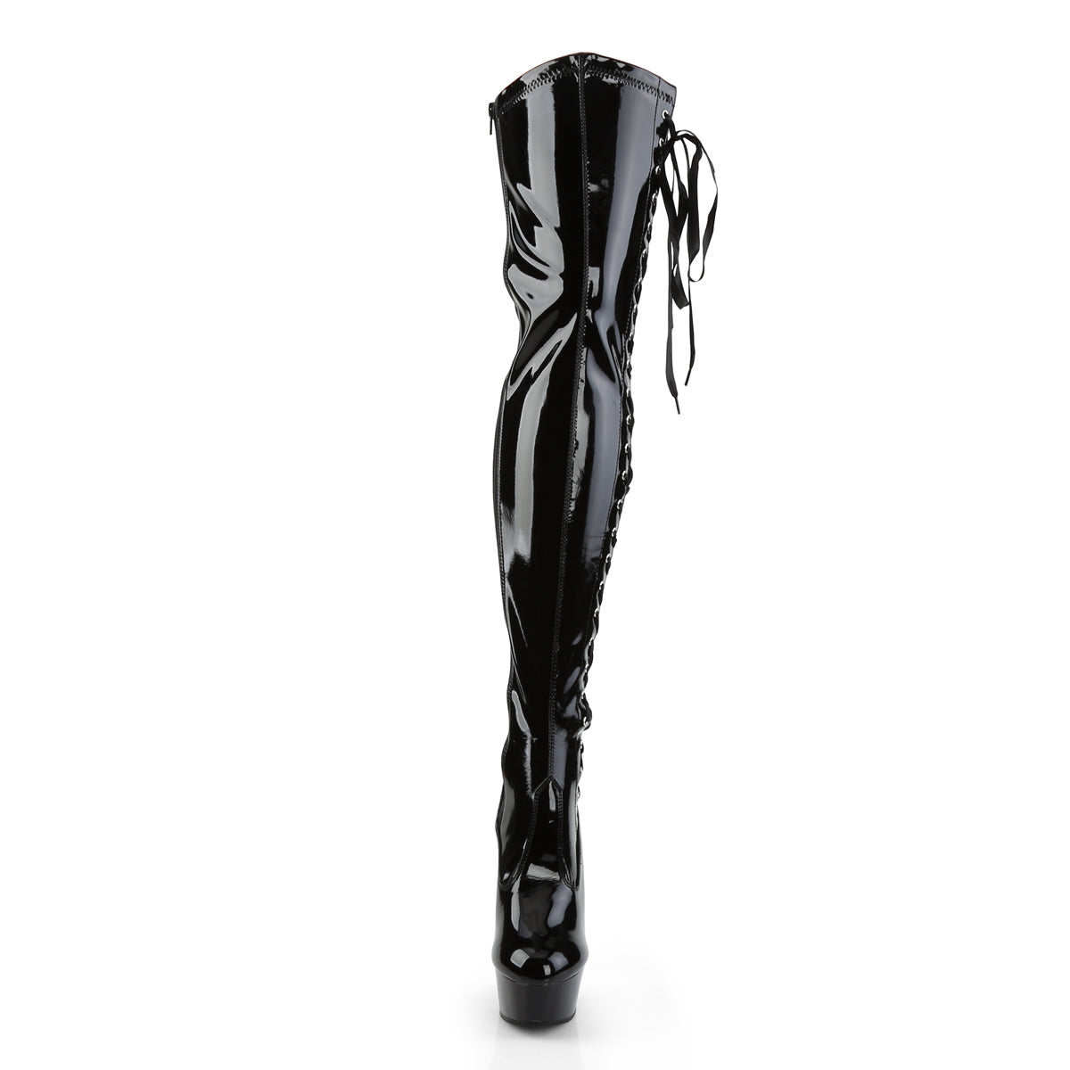 6" Heel, 1 3/4" PF Thigh Boot w/Side Ribbon Lace, Side Zip (Pleaser DEL3050/B/M)