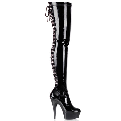 6" Heel, 1 3/4" PF Back Lace Thigh Boot, Side Zip (Pleaser DEL3063/B/M)