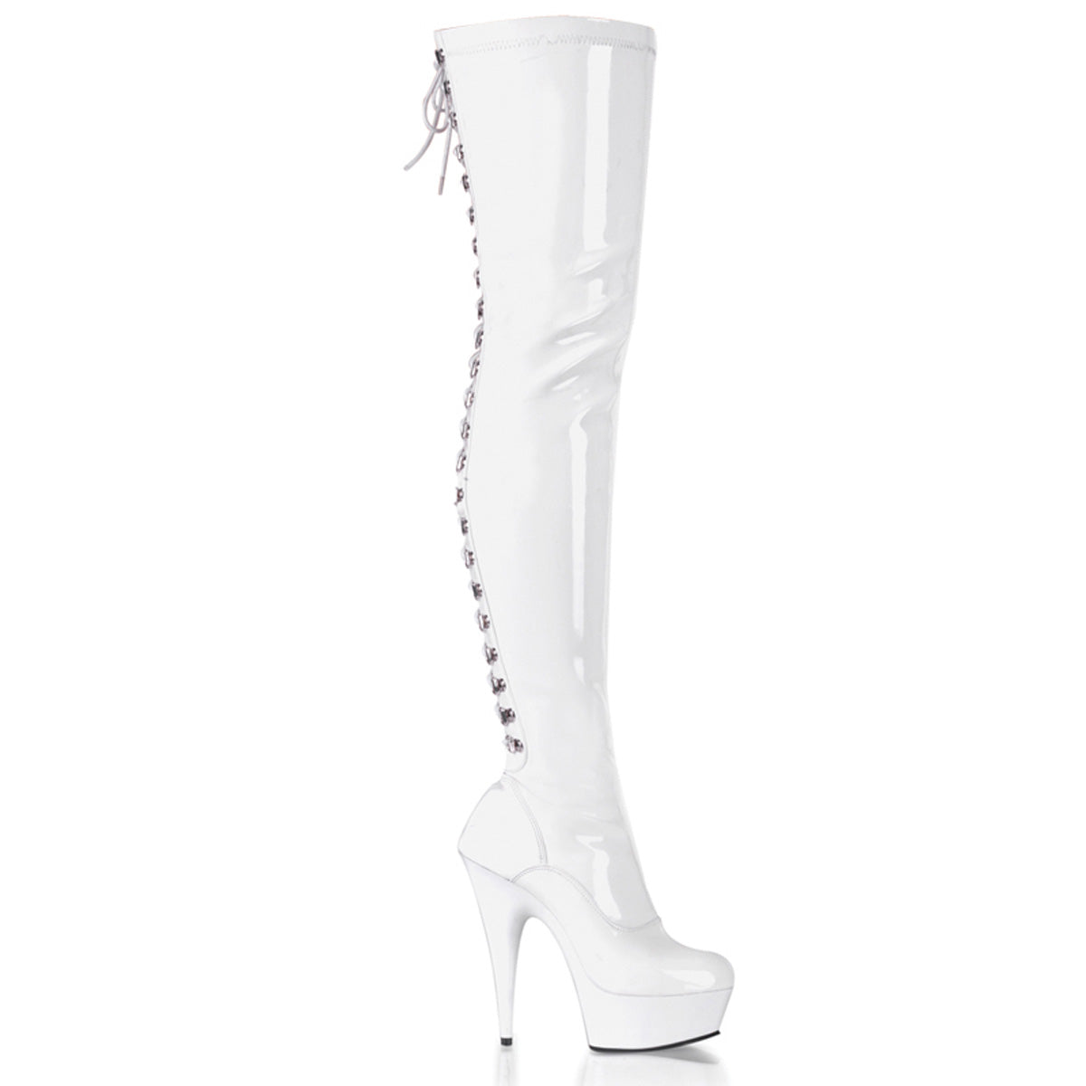 6" Heel, 1 3/4" PF Back Lace Thigh Boot, Side Zip (Pleaser DEL3063/B/M)