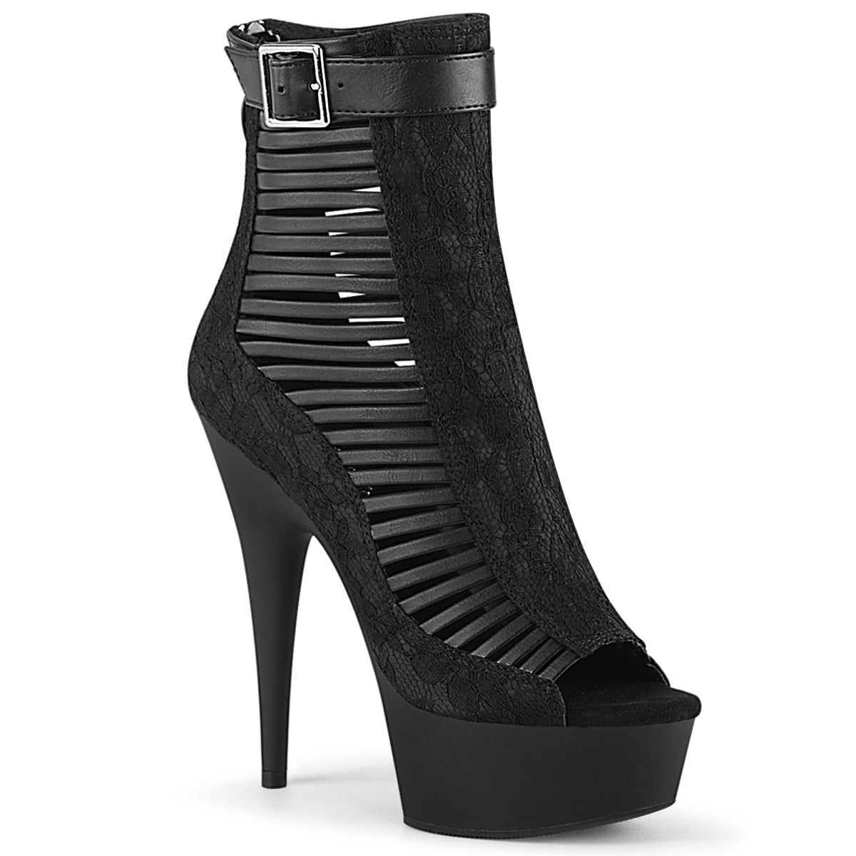 *6" Heel, 1 3/4" PF Open Toe Strappy Ankle Bootie, Back Zip (Pleaser DEL600-27LC/BPU-FA/M)