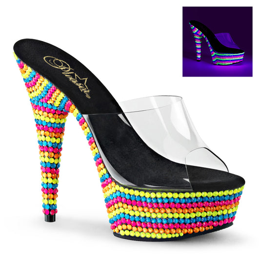 *6"Heel, 1 3/4" PF Slide W/Neon UV Reactive Stones (Pleaser DEL601RBS/C/NMC)