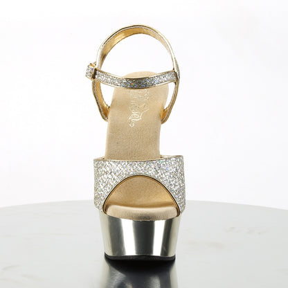 6" Heel, 1 3/4" Gold Chrome PF Ankle Strap Sandal (Pleaser DEL609G/G/M)