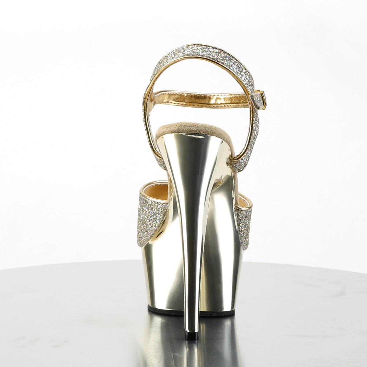 6" Heel, 1 3/4" Gold Chrome PF Ankle Strap Sandal (Pleaser DEL609G/G/M)