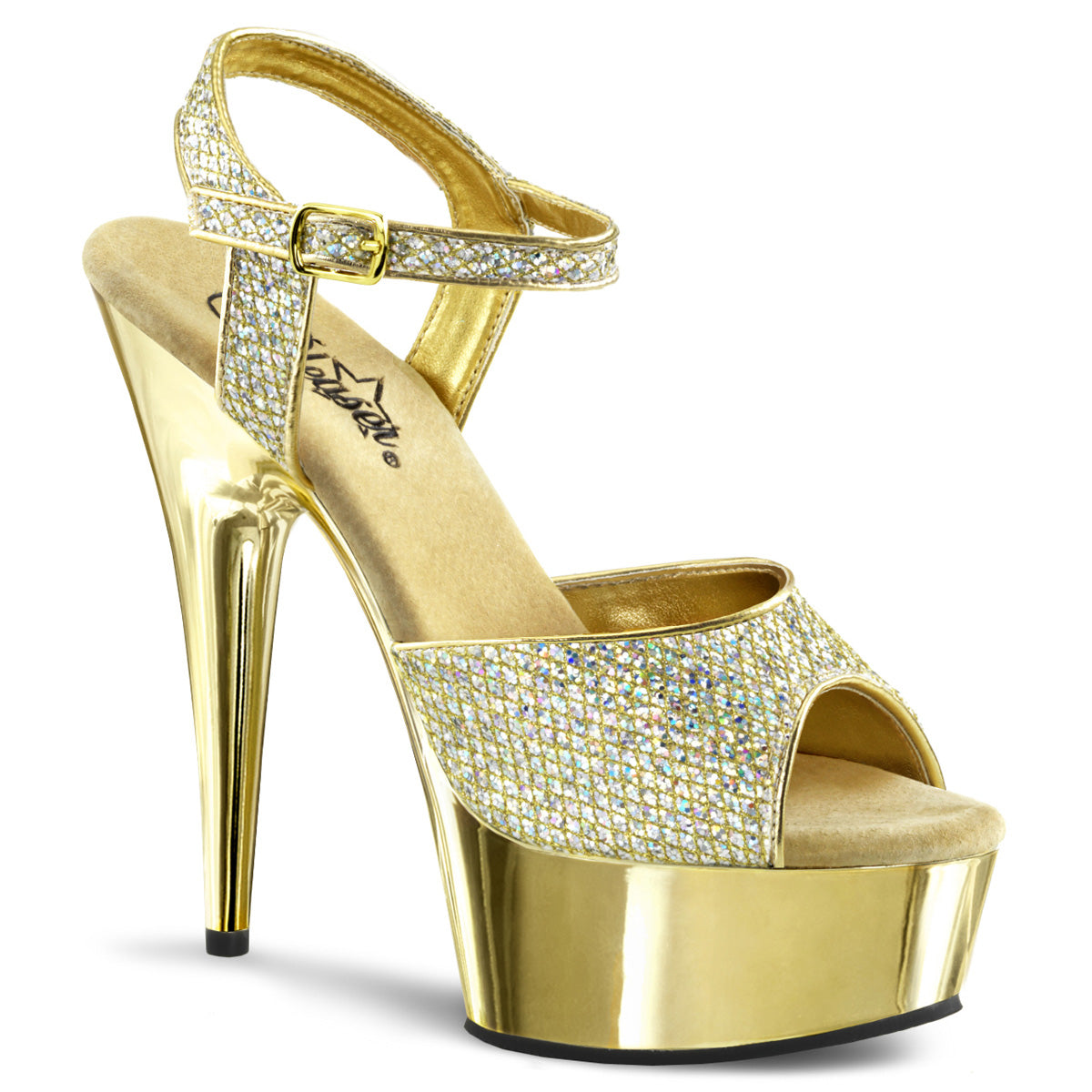6" Heel, 1 3/4" Gold Chrome PF Ankle Strap Sandal (Pleaser DEL609G/G/M)